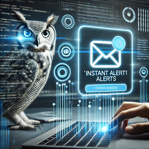 An owl overlooking a glowing email notification, signaling code placement errors, with a magnifying glass highlighting the user-agent ‘ScanningOwl/1.0’ for easy identification.