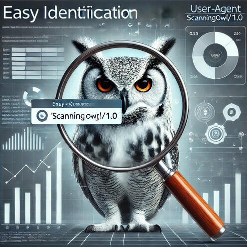 A magnifying glass zooming in on a data panel, showcasing the custom user-agent ‘ScanningOwl/1.0,’ with an owl in the background symbolizing precision and oversight.