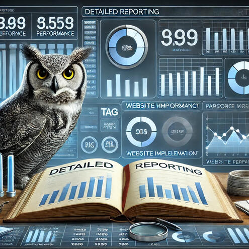 A digital dashboard with charts and logs displaying website performance and tag implementation, overseen by an owl symbolizing detailed analysis and reporting.